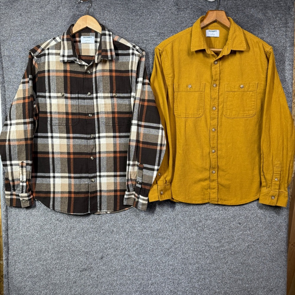 Old Navy Mens Double Brushed Flannel Shirts Large Lot of 2 Plaid Mustard Yellow